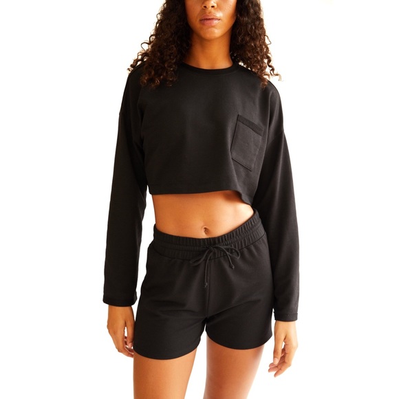 NEW Free People Cropped Sunny Short Set + Long Sleeve Top Large Black - Picture 3 of 9